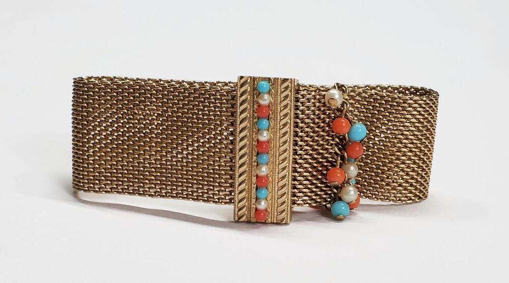 Vintage Bergere Gold Tone Mesh Bead Bracelet & Earrings Set